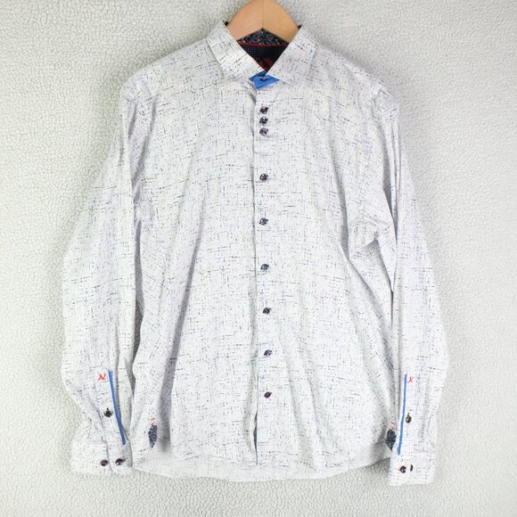 Au Noir Shirt Mens 5 White Blue Button Up Striped Geometric Long Sleeve - Picture 1 of 11